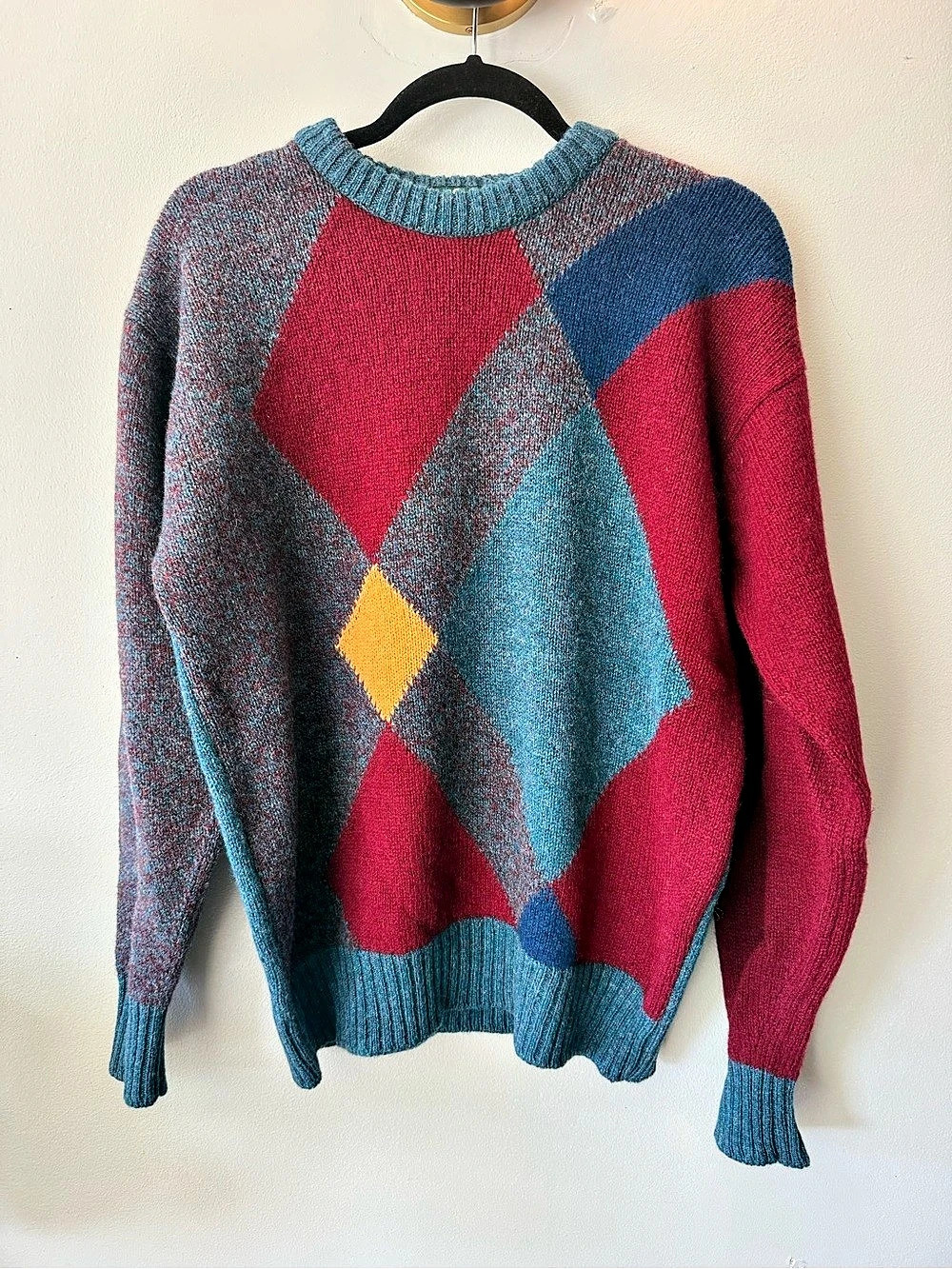 Vintage 80s Hunt Club 100% Shetland Wool Argyle Sweater Made in England Men’s M
